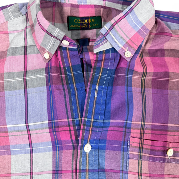Vintage Colours Alexander Julian Shirt Adult LARGE Pink Plaid Madras Purple 90s - Picture 6 of 9